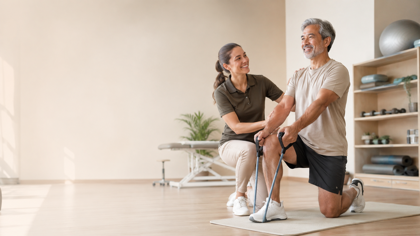 Rehabilitation therapist guiding a client through exercise therapy